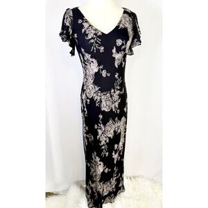 Jones New York | Black and Cream Floral Bias Cut Dress Flutter Sleeves | Sz 6